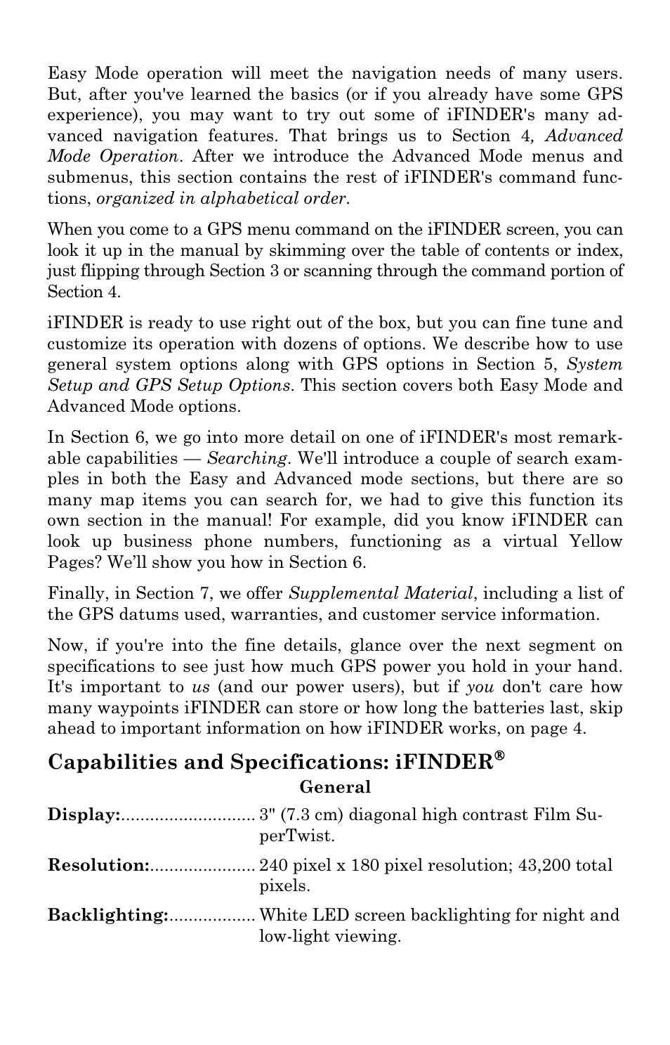 Capabilities and specifications: ifinder | Lowrance electronic H2O User Manual | Page 8 / 124