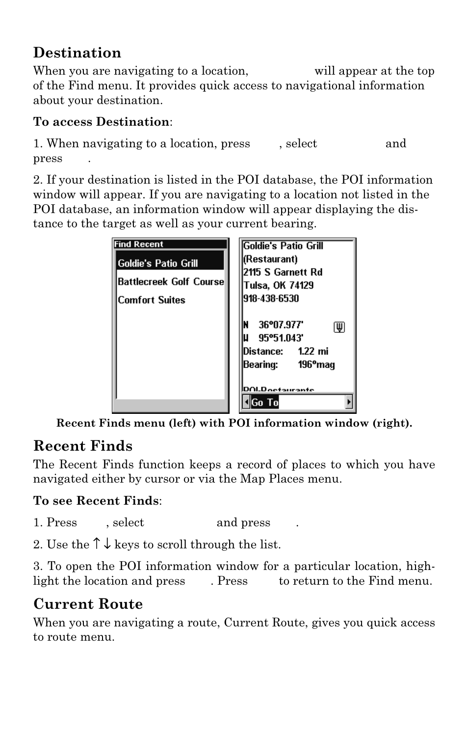 Destination, Recent finds, Current route | Lowrance electronic Lowrance iFINDER Hunt User Manual | Page 119 / 160