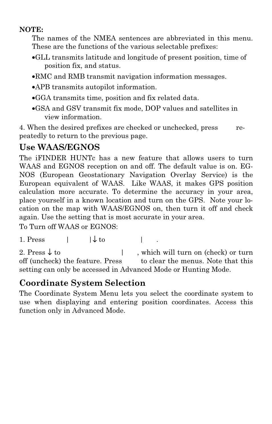 Use waas/egnos, Coordinate system selection | Lowrance electronic Lowrance iFINDER Hunt User Manual | Page 87 / 160