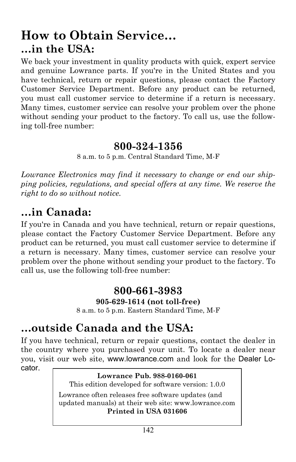 How to obtain service, Outside canada and the usa | Lowrance electronic AirMap 600c User Manual | Page 150 / 152