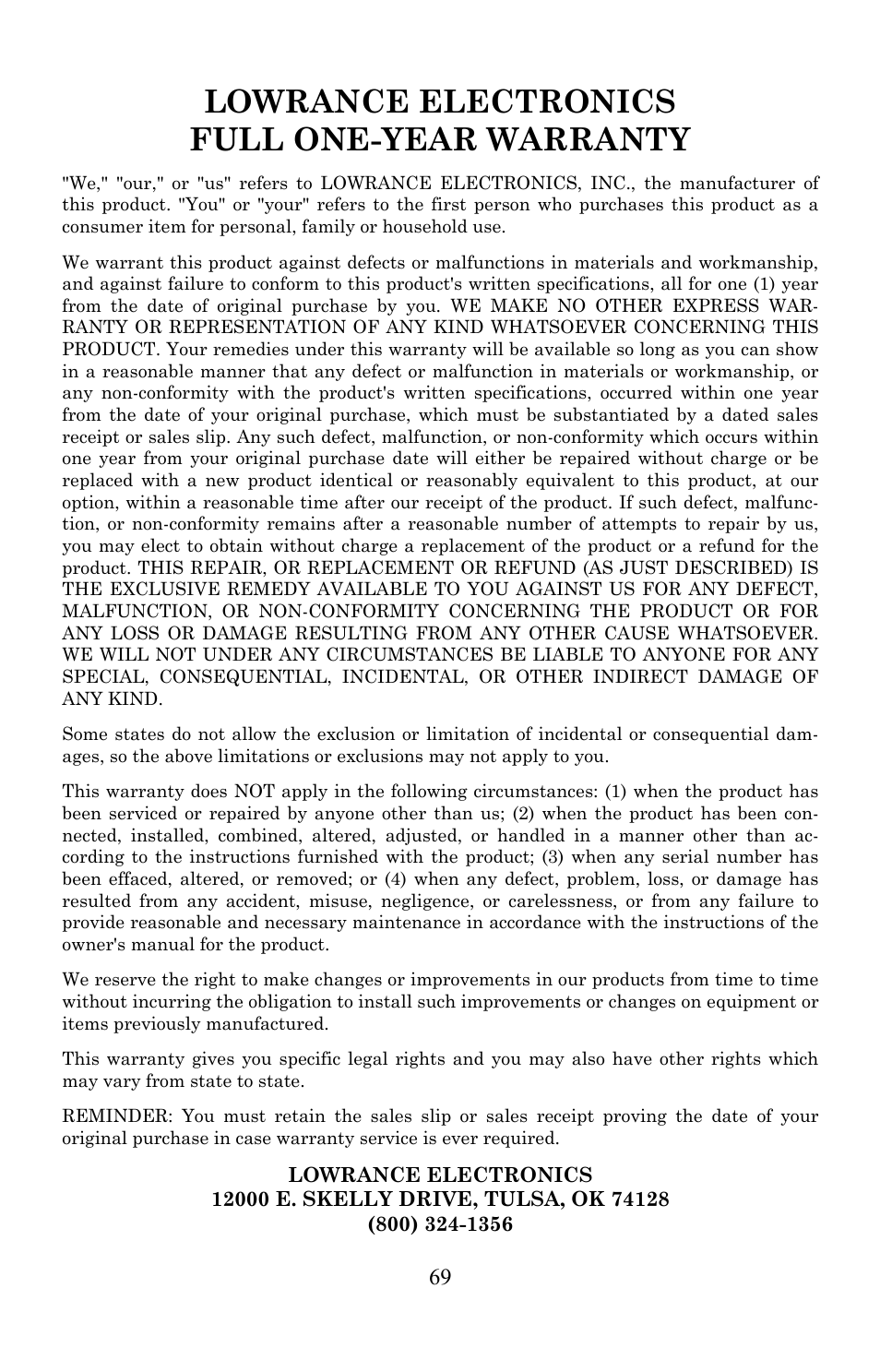 Lowrance electronics full one-year warranty | Lowrance electronic 350c User Manual | Page 76 / 78