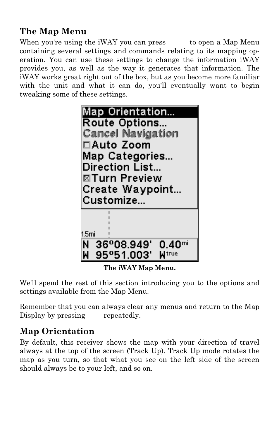 The map menu, Map orientation | Lowrance electronic 100M User Manual | Page 24 / 68