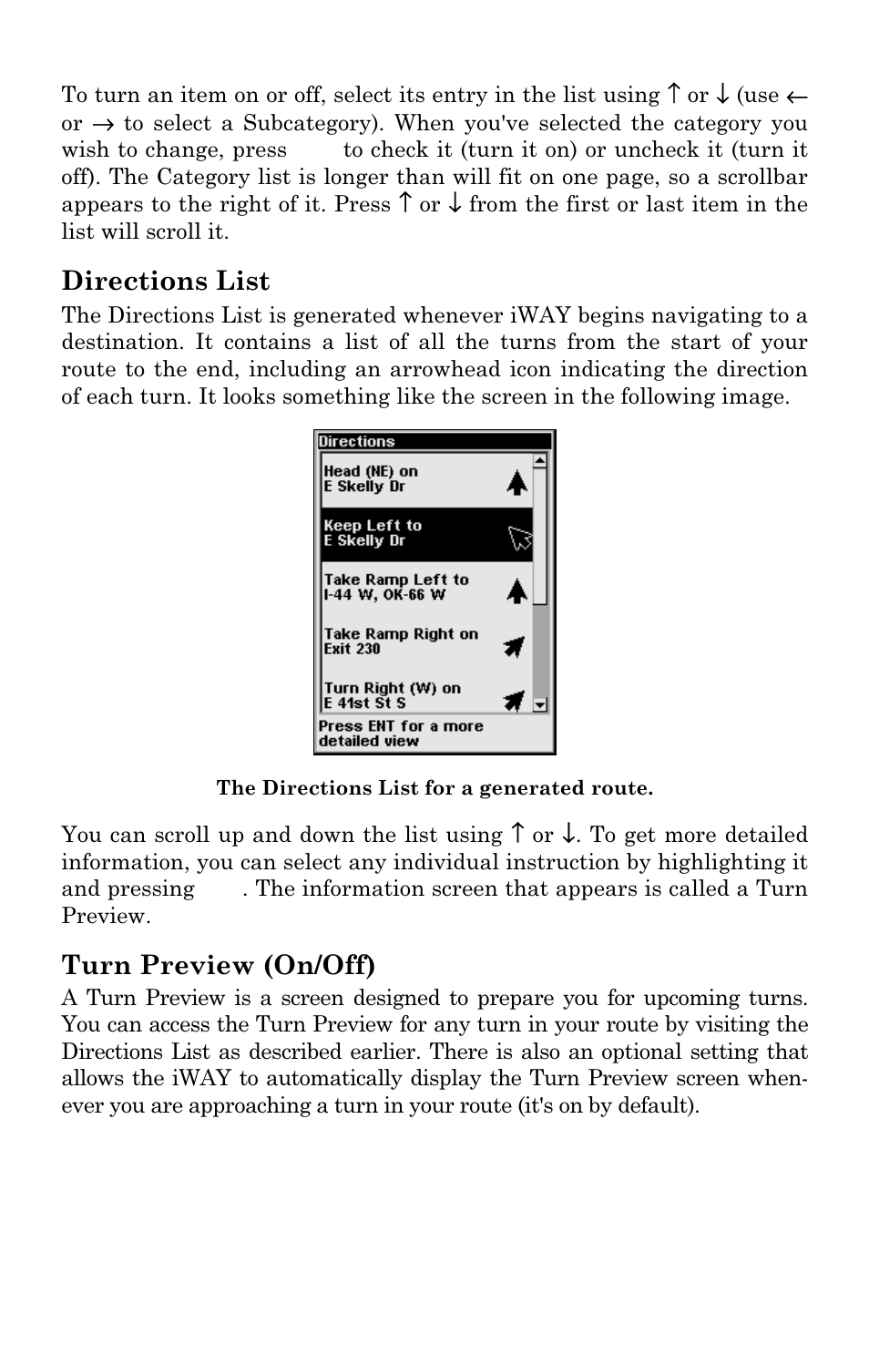 Directions list, Turn preview (on/off) | Lowrance electronic 100M User Manual | Page 29 / 68