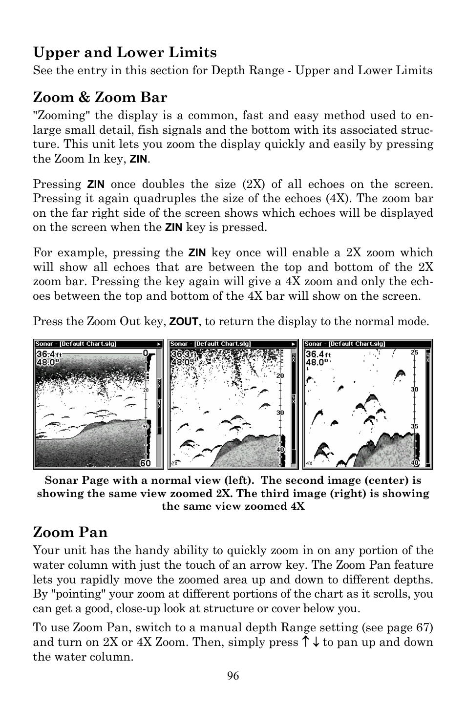 Upper and lower limits, Zoom & zoom bar, Zoom pan | Lowrance electronic Lowrance LMS-522c iGPS User Manual | Page 106 / 252