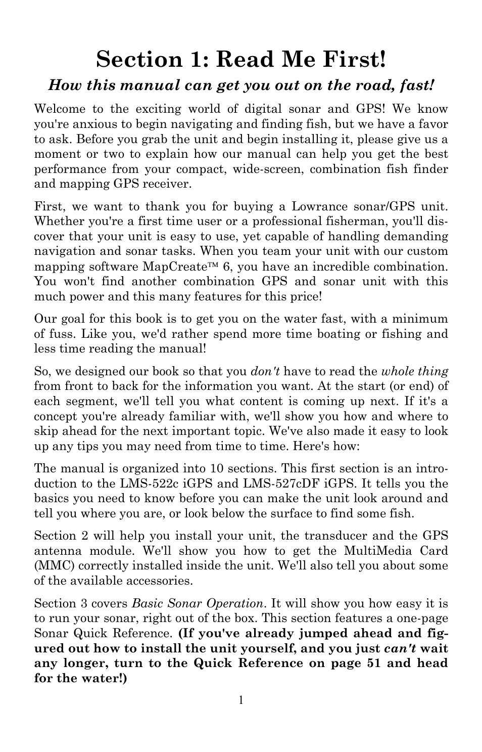 How this manual can get you out on the road, fast | Lowrance electronic Lowrance LMS-522c iGPS User Manual | Page 11 / 252