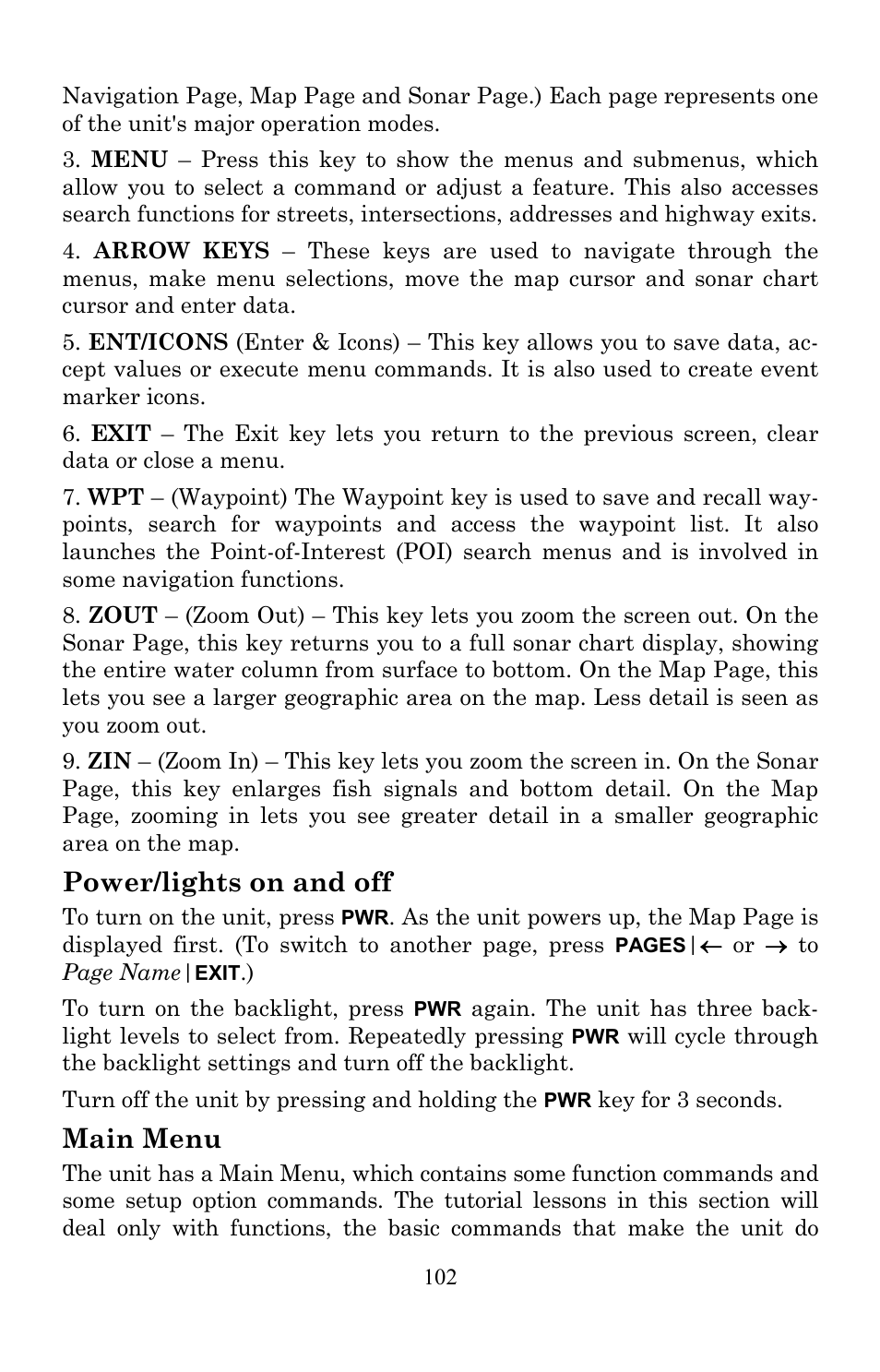 Power/lights on and off, Main menu | Lowrance electronic Lowrance LMS-522c iGPS User Manual | Page 112 / 252