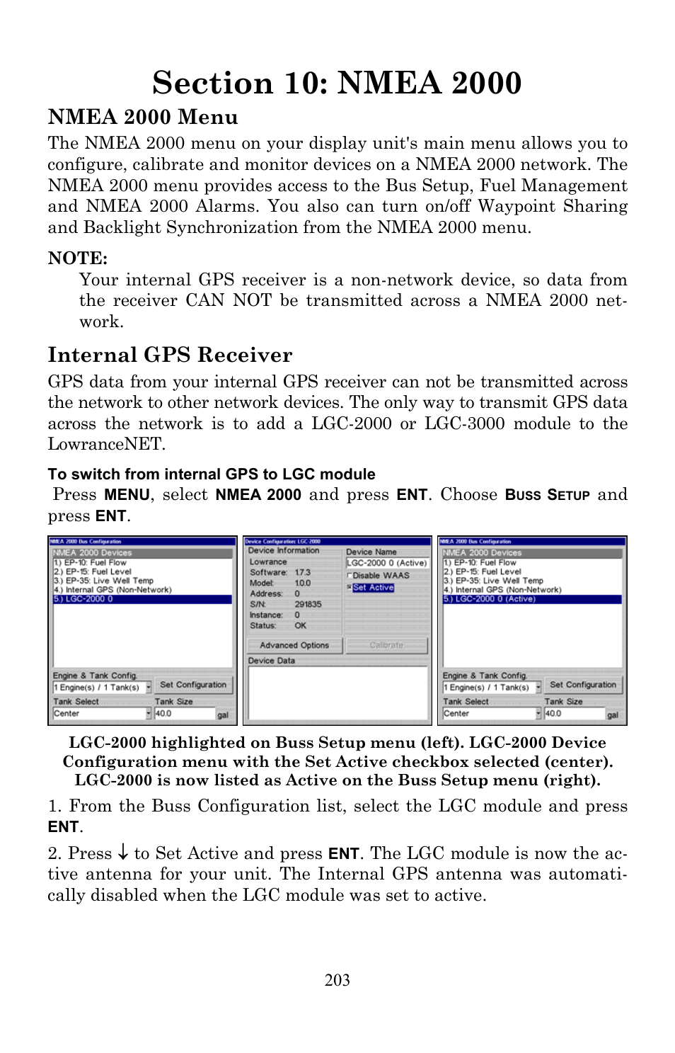 Nmea 2000 menu, Internal gps receiver | Lowrance electronic Lowrance LMS-522c iGPS User Manual | Page 213 / 252