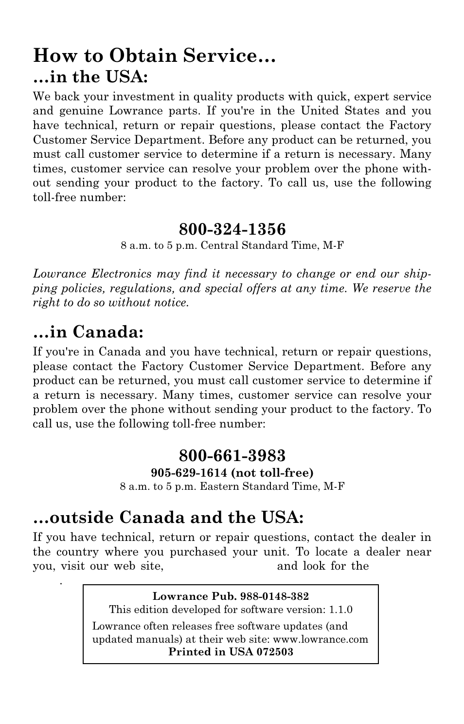 How to obtain service, Outside canada and the usa | Lowrance electronic AirMap 500 User Manual | Page 130 / 132