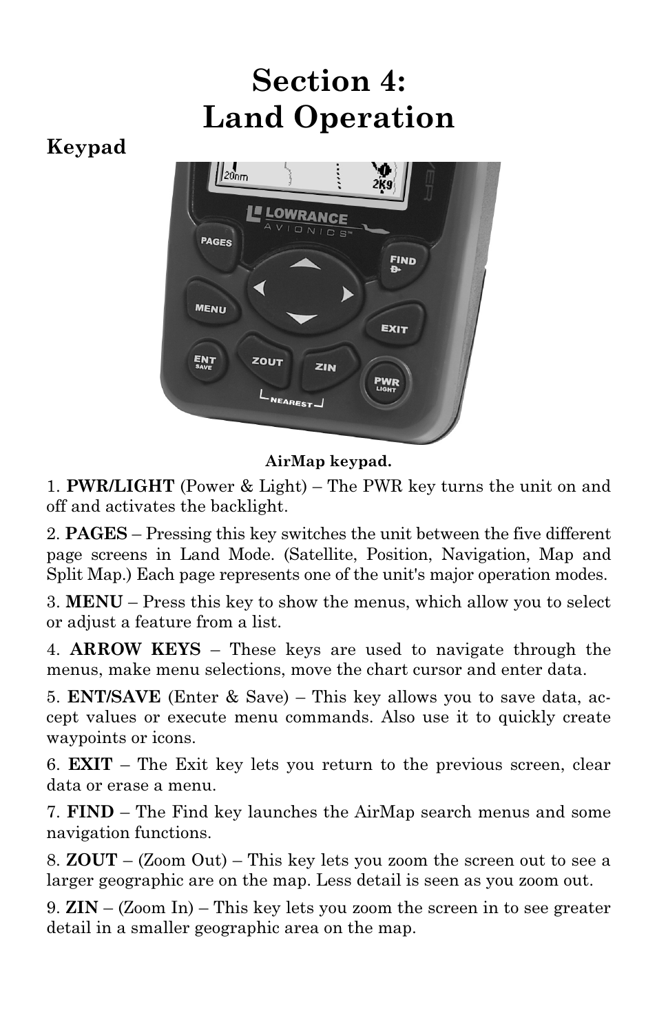 Keypad | Lowrance electronic AirMap 500 User Manual | Page 51 / 132