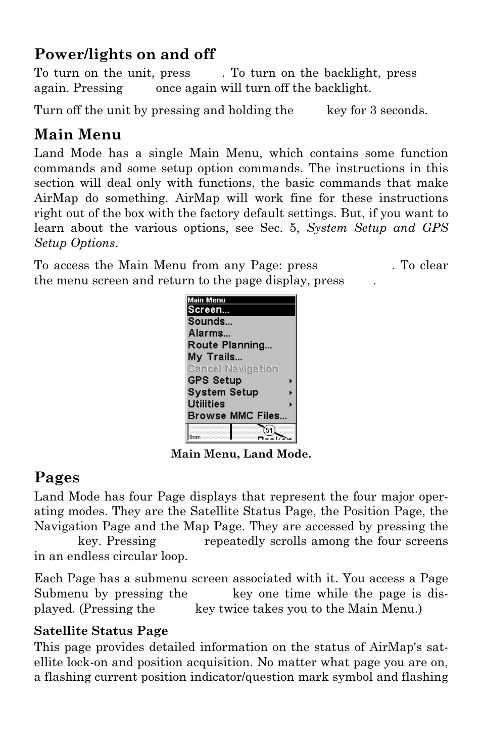 Power/lights on and off, Main menu, Pages | Lowrance electronic AirMap 500 User Manual | Page 52 / 132