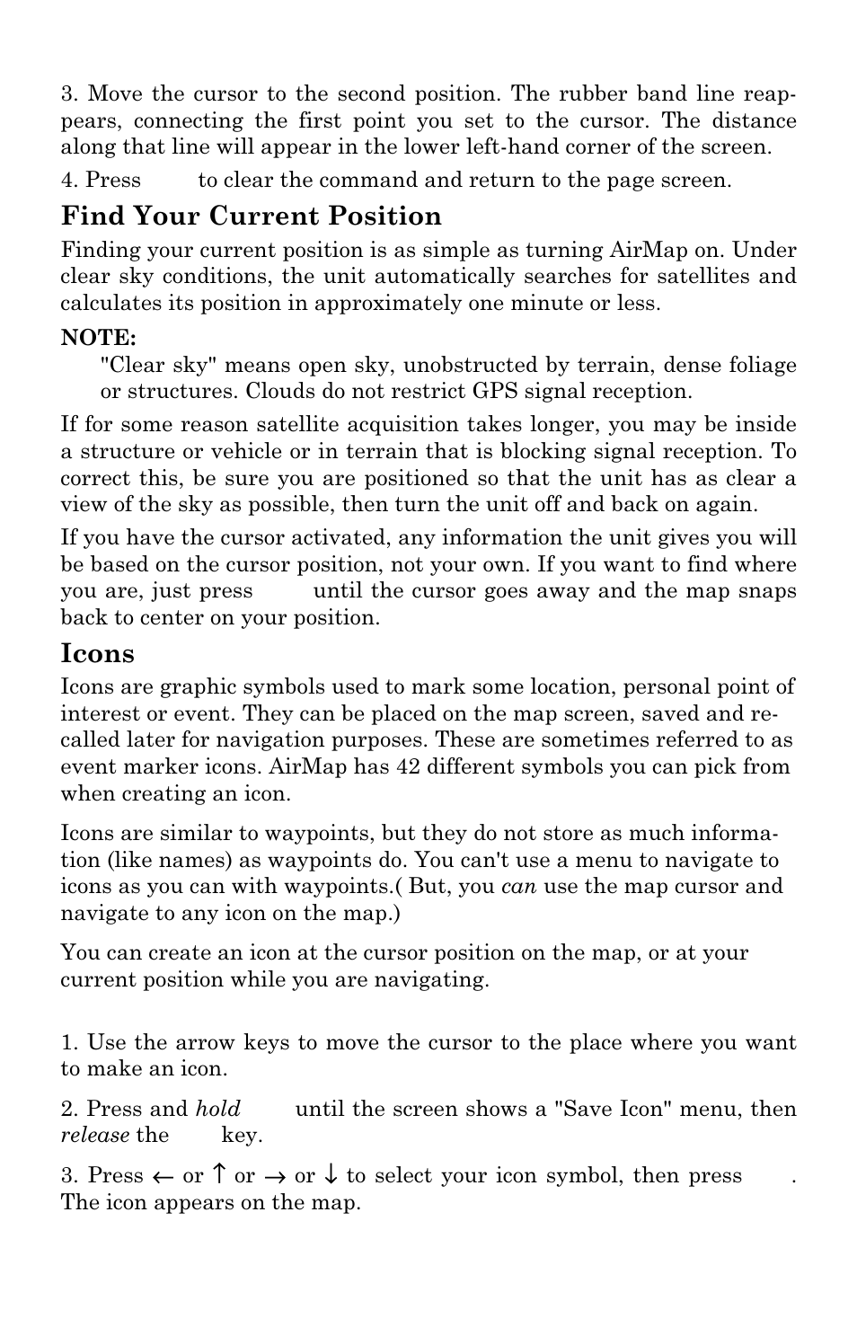 Find your current position, Icons | Lowrance electronic AirMap 500 User Manual | Page 57 / 132