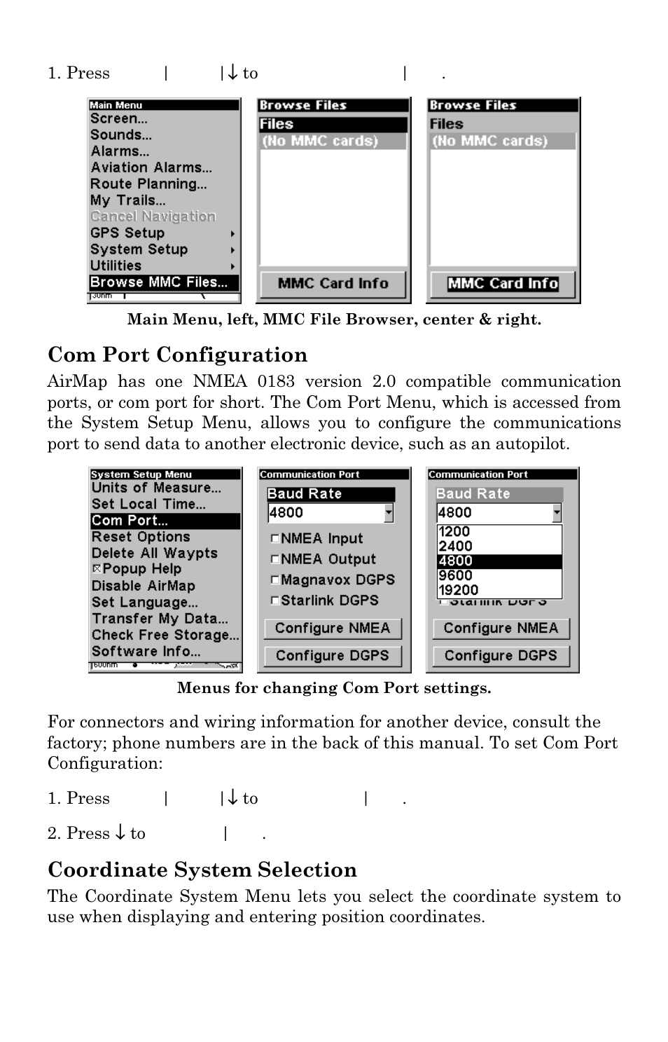 Com port configuration, Coordinate system selection | Lowrance electronic AirMap 500 User Manual | Page 76 / 132