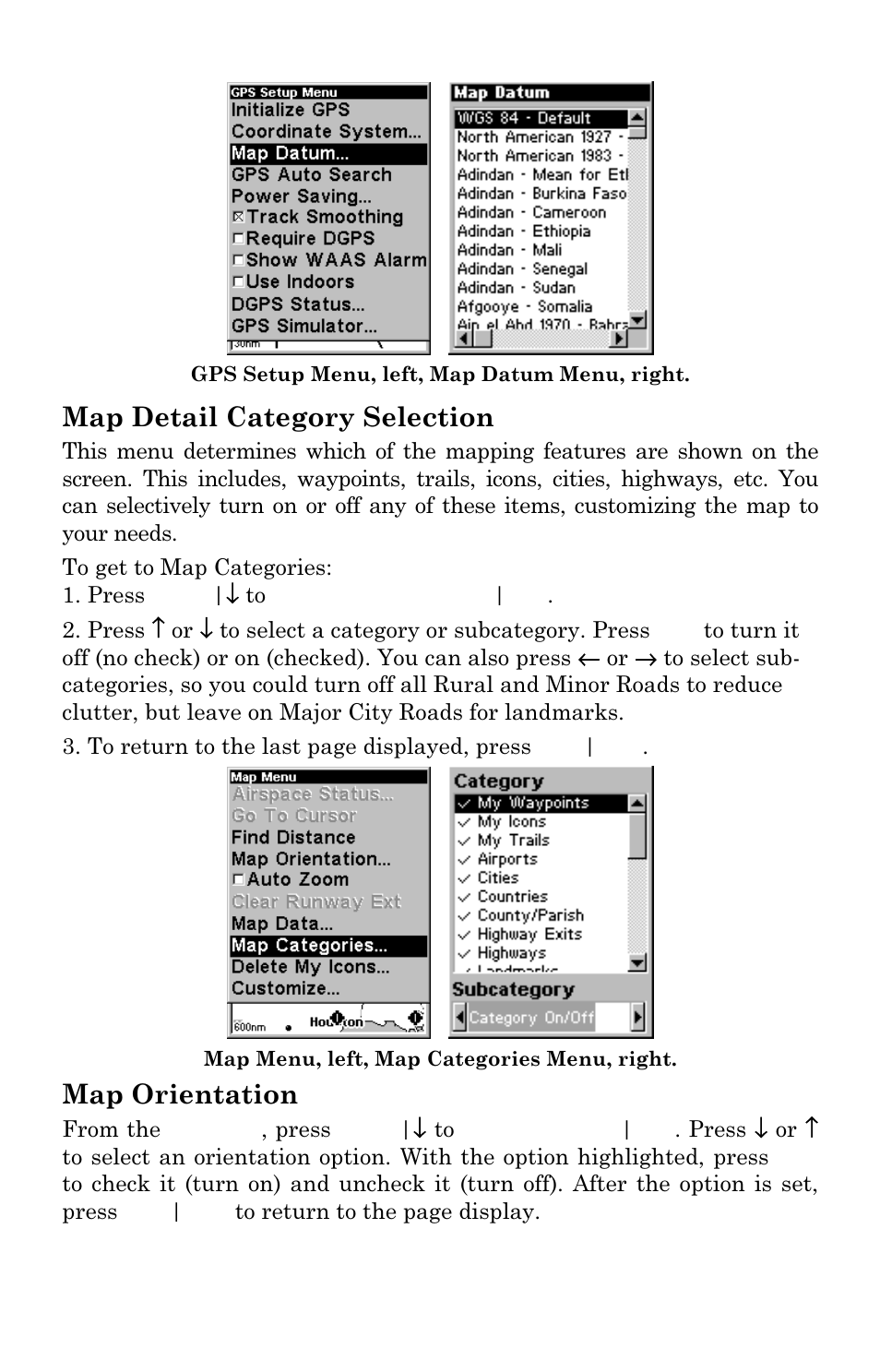 Map detail category selection, Map orientation | Lowrance electronic AirMap 500 User Manual | Page 83 / 132