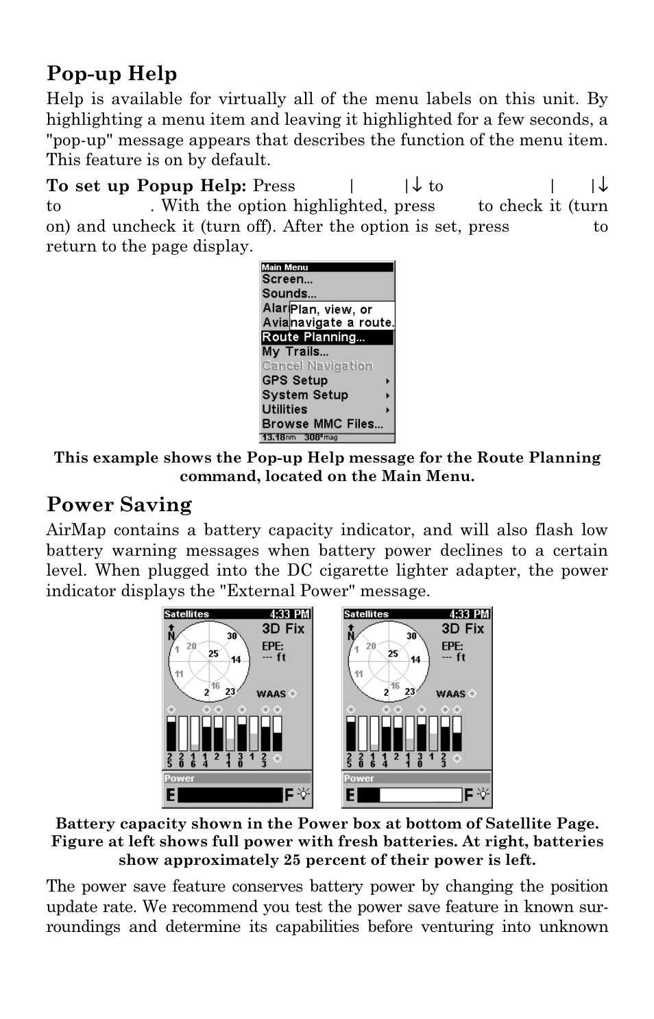 Pop-up help, Power saving | Lowrance electronic AirMap 500 User Manual | Page 89 / 132