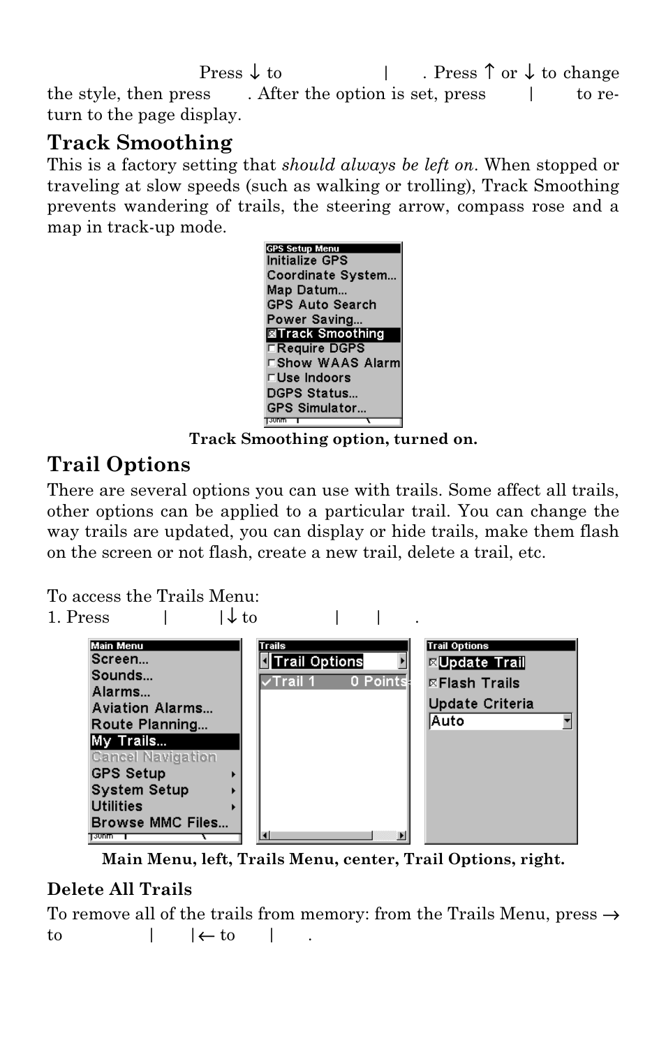 Track smoothing, Trail options | Lowrance electronic AirMap 500 User Manual | Page 96 / 132