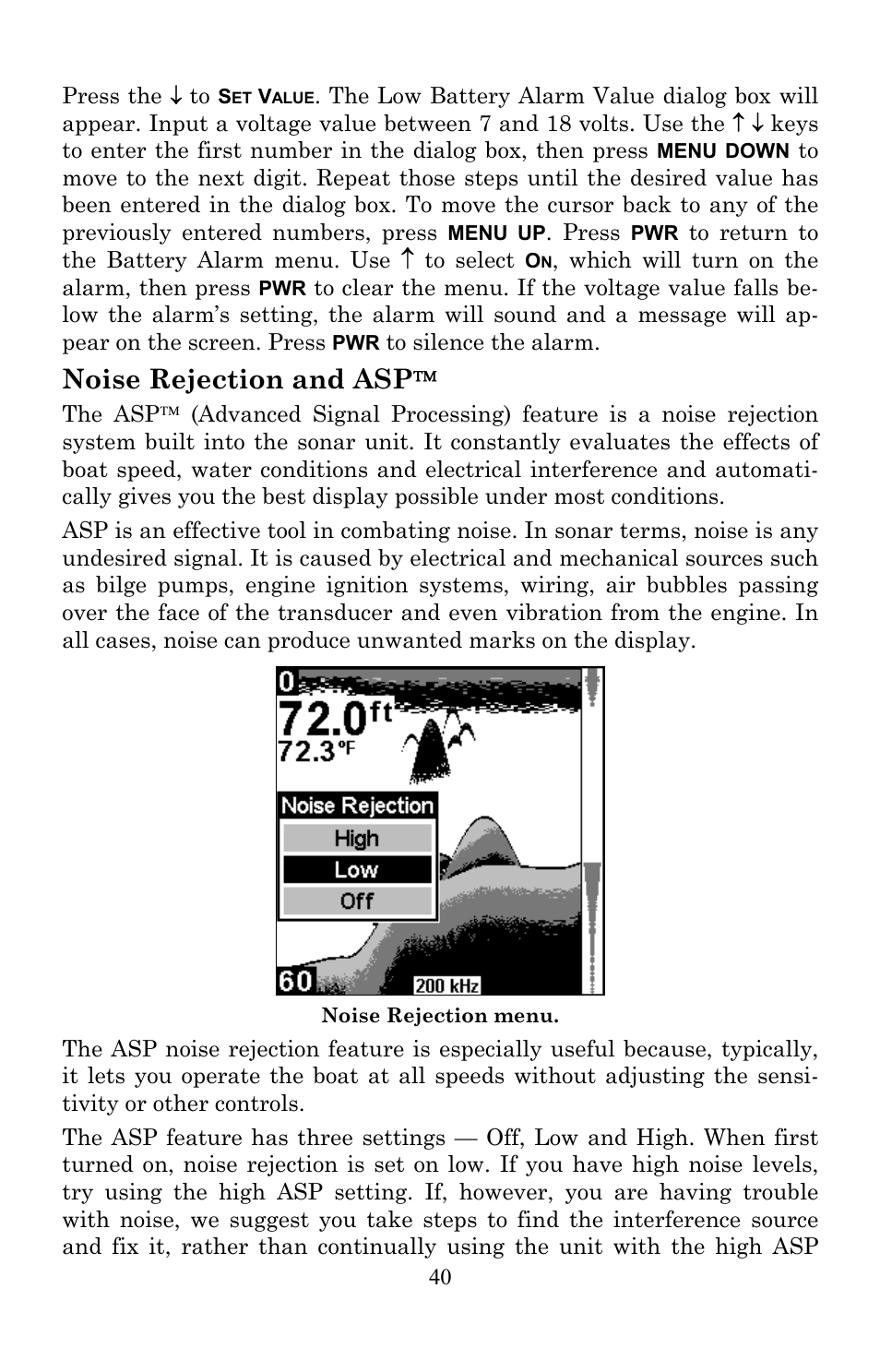 Noise rejection and asp | Lowrance electronic X86 TX User Manual | Page 44 / 56