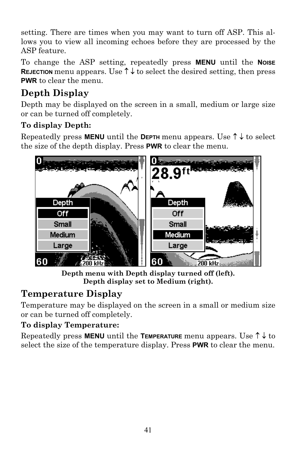 Depth display, Temperature display | Lowrance electronic X86 TX User Manual | Page 45 / 56