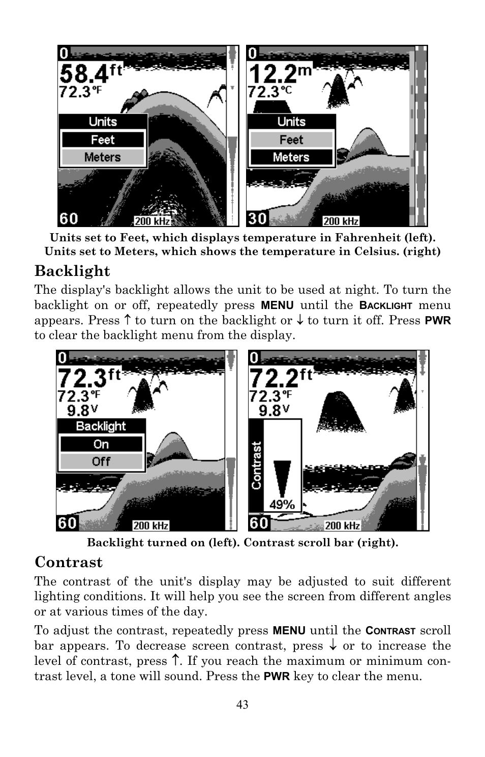 Backlight, Contrast | Lowrance electronic X86 TX User Manual | Page 47 / 56