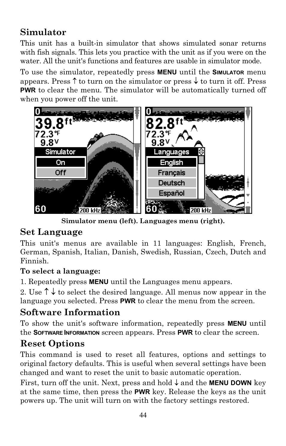 Simulator, Set language, Software information | Reset options | Lowrance electronic X86 TX User Manual | Page 48 / 56