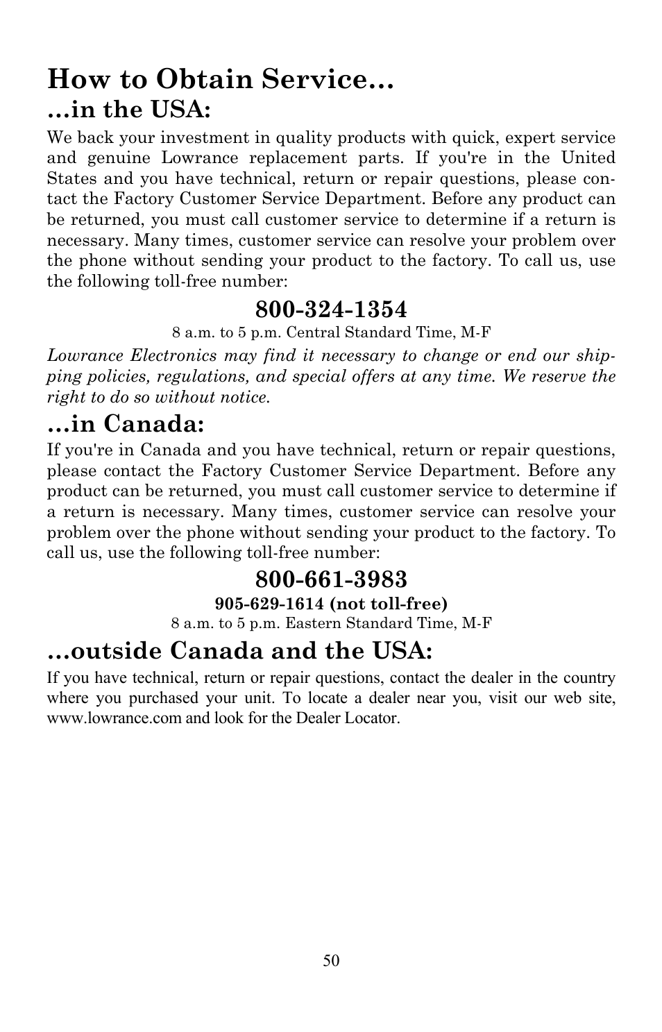 How to obtain service, Outside canada and the usa | Lowrance electronic X86 TX User Manual | Page 54 / 56