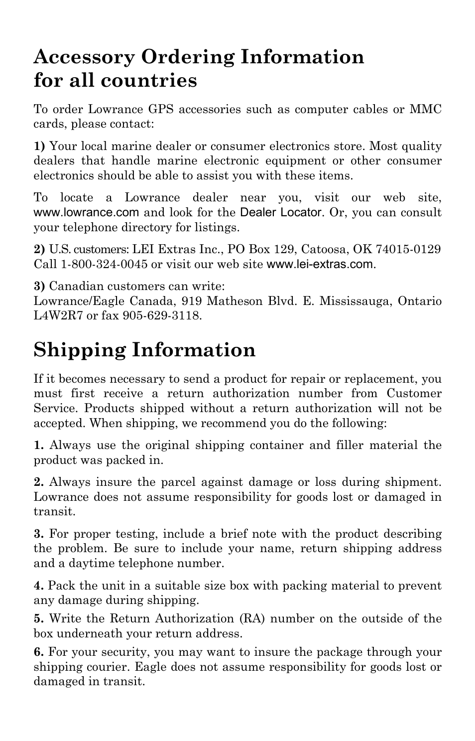 Accessory ordering information for all countries, Shipping information | Lowrance electronic X86 TX User Manual | Page 55 / 56