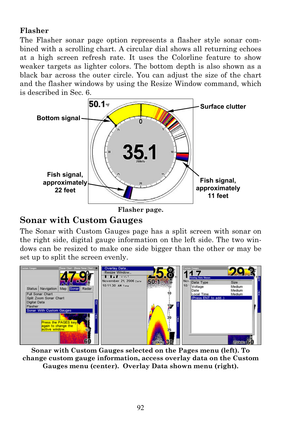 Sonar with custom gauges | Lowrance electronic Lowrance Fish-finding Sonar & Mapping GPS LMS-520C User Manual | Page 102 / 252