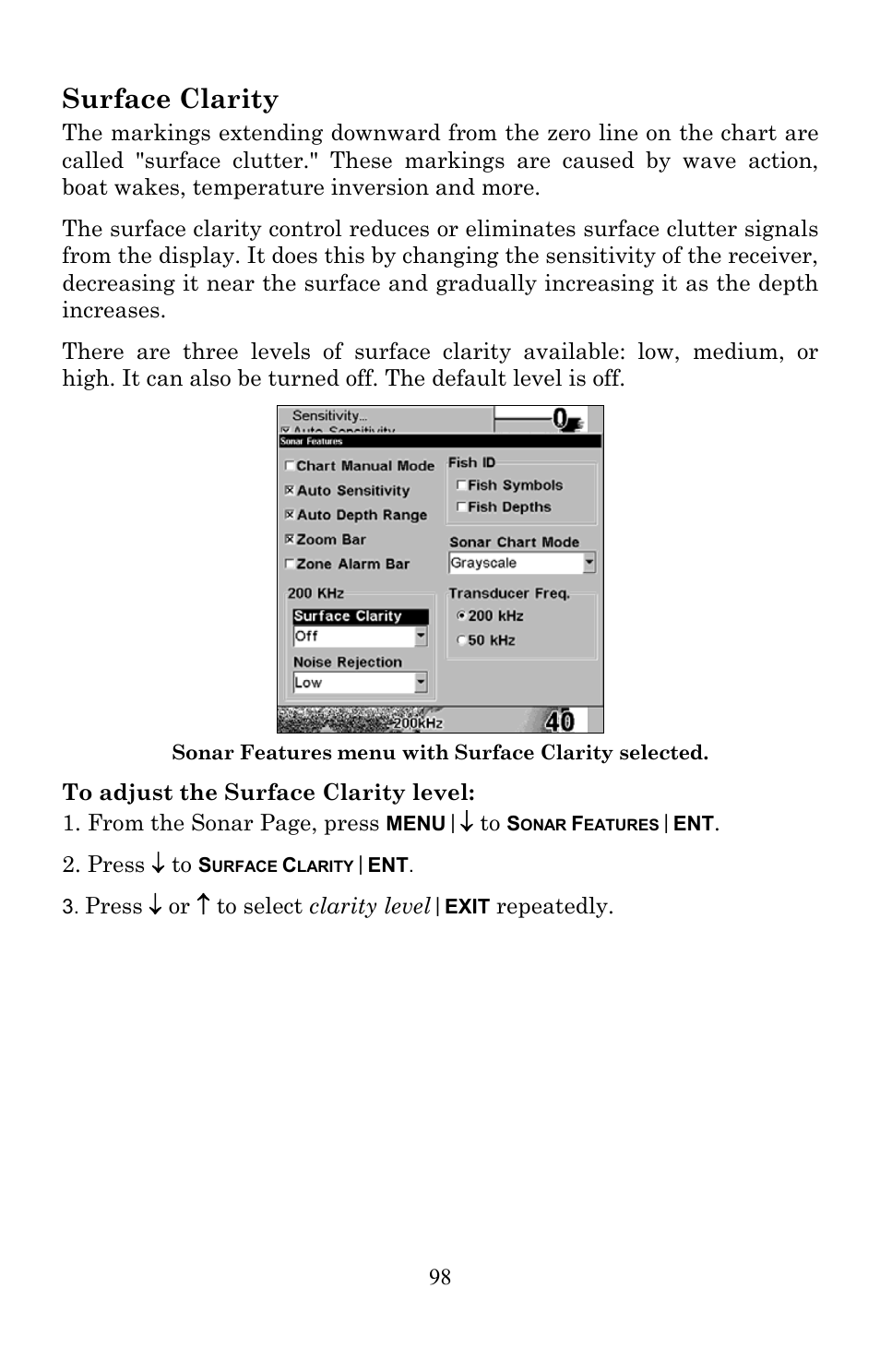 Surface clarity | Lowrance electronic Lowrance Fish-finding Sonar & Mapping GPS LMS-520C User Manual | Page 108 / 252