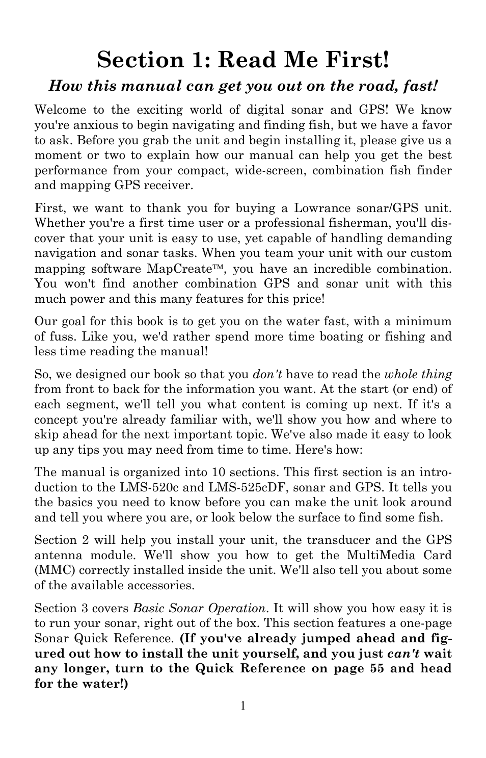 How this manual can get you out on the road, fast | Lowrance electronic Lowrance Fish-finding Sonar & Mapping GPS LMS-520C User Manual | Page 11 / 252