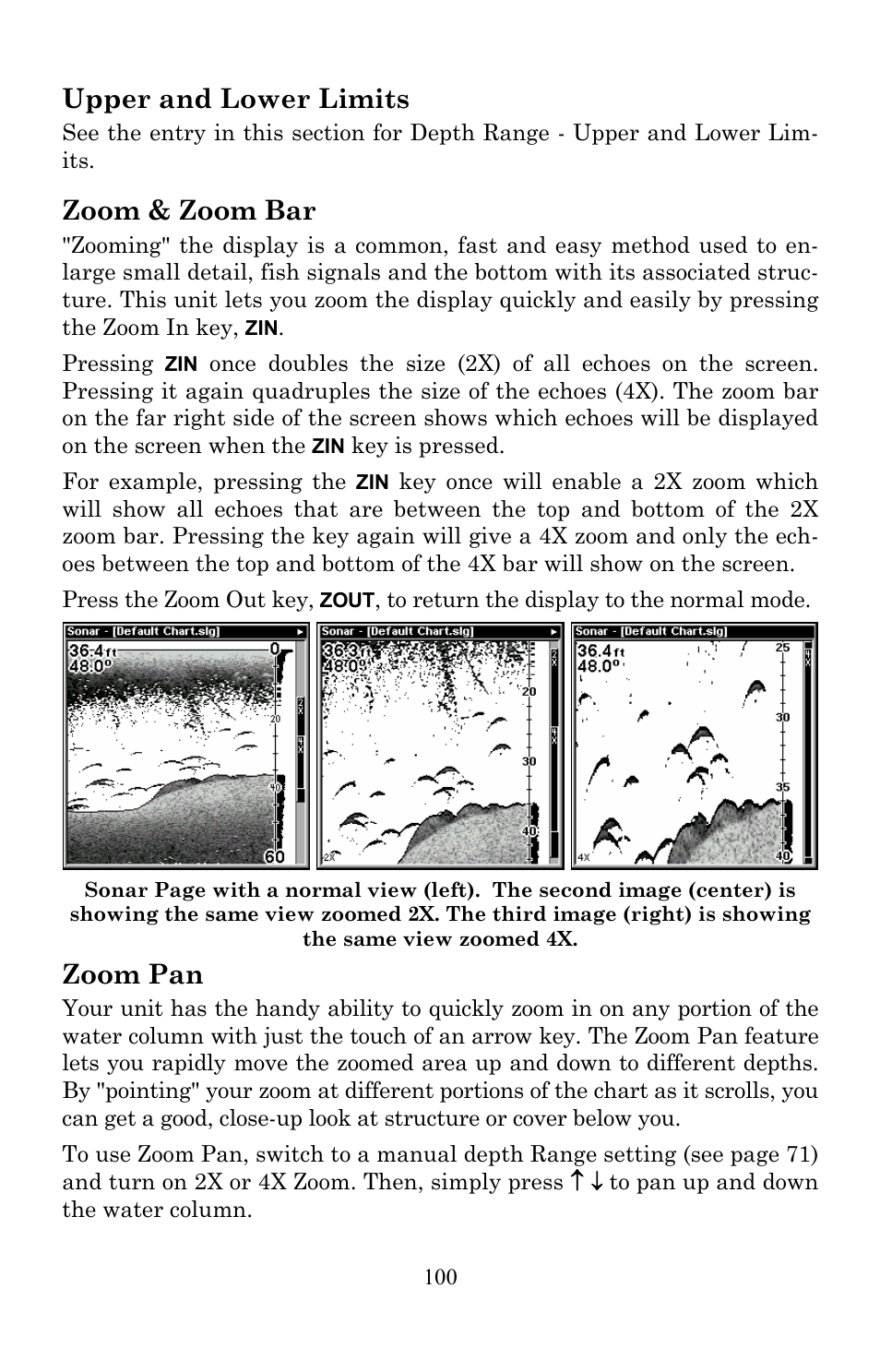 Upper and lower limits, Zoom & zoom bar, Zoom pan | Lowrance electronic Lowrance Fish-finding Sonar & Mapping GPS LMS-520C User Manual | Page 110 / 252