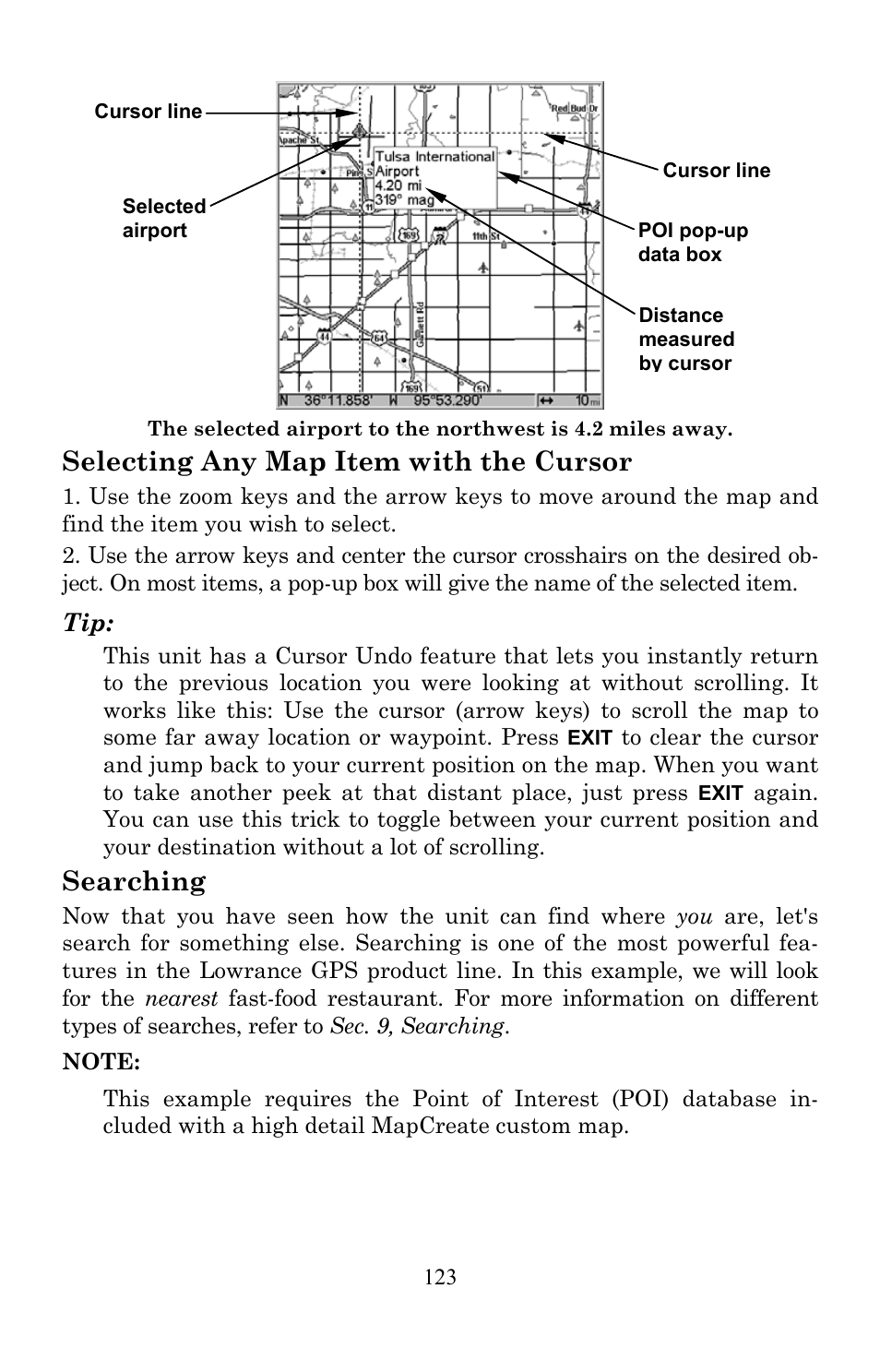 Selecting any map item with the cursor, Searching | Lowrance electronic Lowrance Fish-finding Sonar & Mapping GPS LMS-520C User Manual | Page 133 / 252
