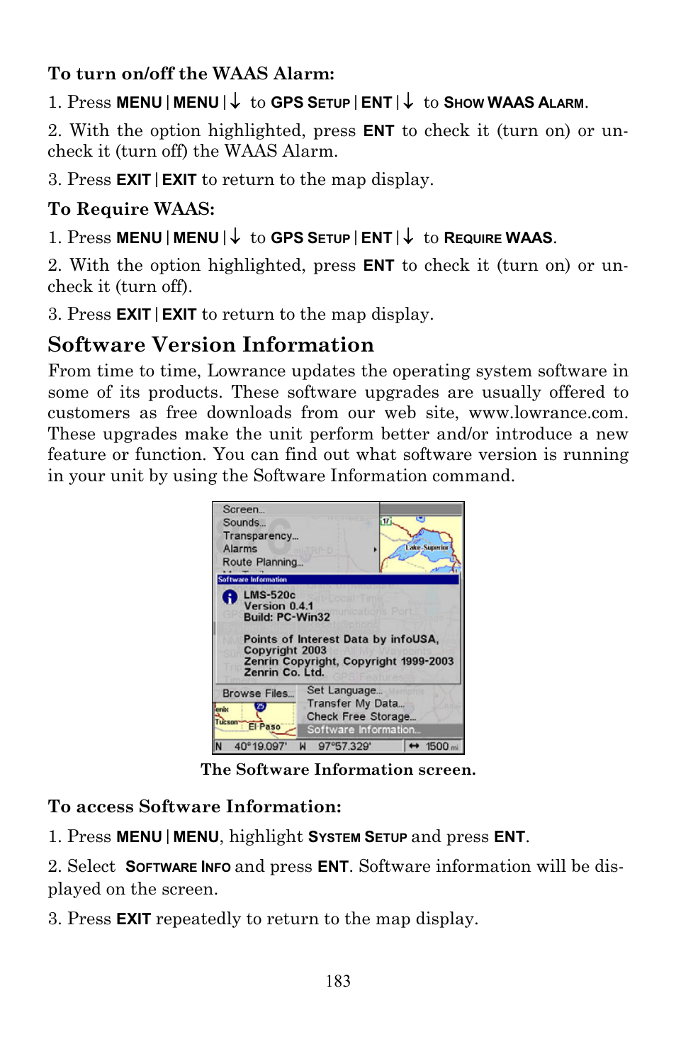 Software version information | Lowrance electronic Lowrance Fish-finding Sonar & Mapping GPS LMS-520C User Manual | Page 193 / 252