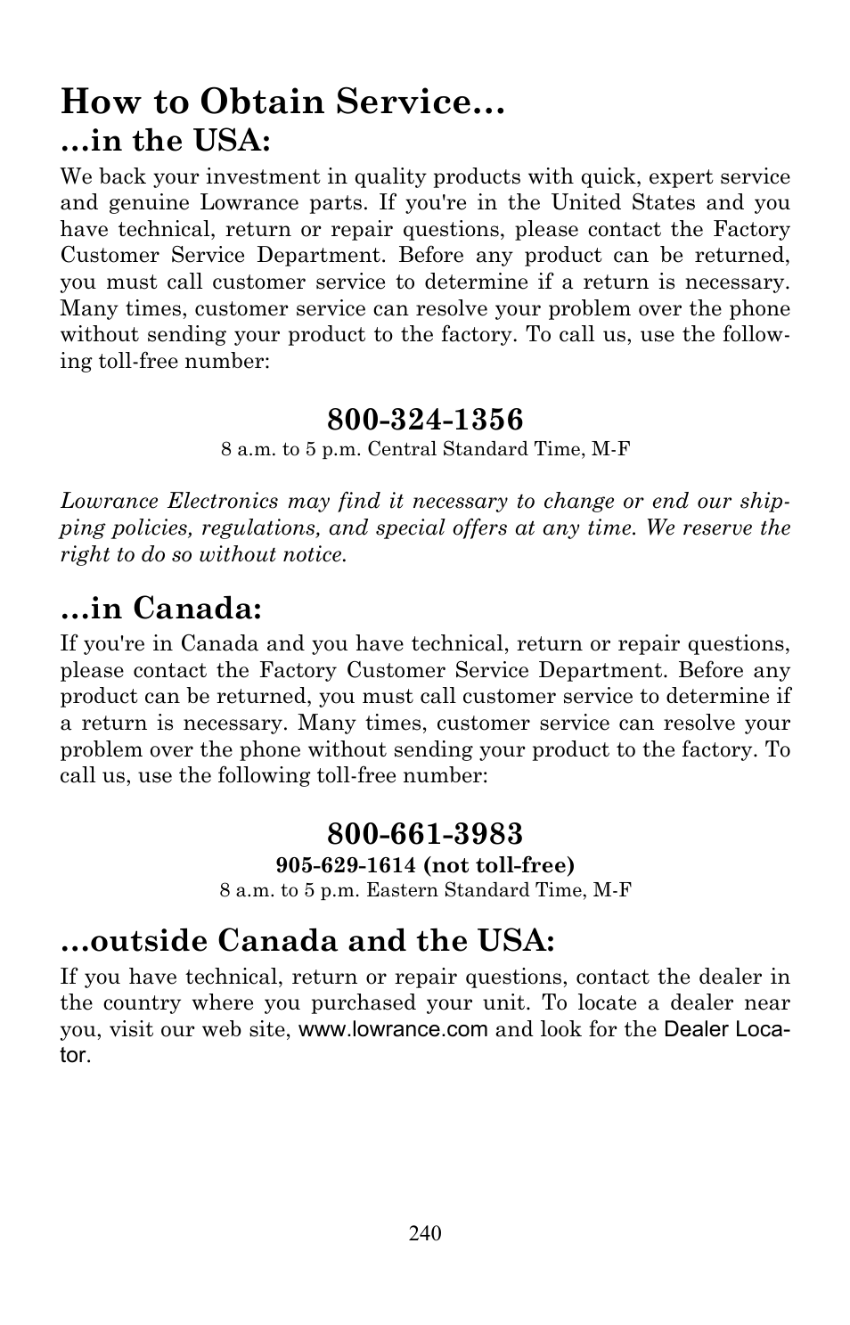 How to obtain service, Outside canada and the usa | Lowrance electronic Lowrance Fish-finding Sonar & Mapping GPS LMS-520C User Manual | Page 250 / 252