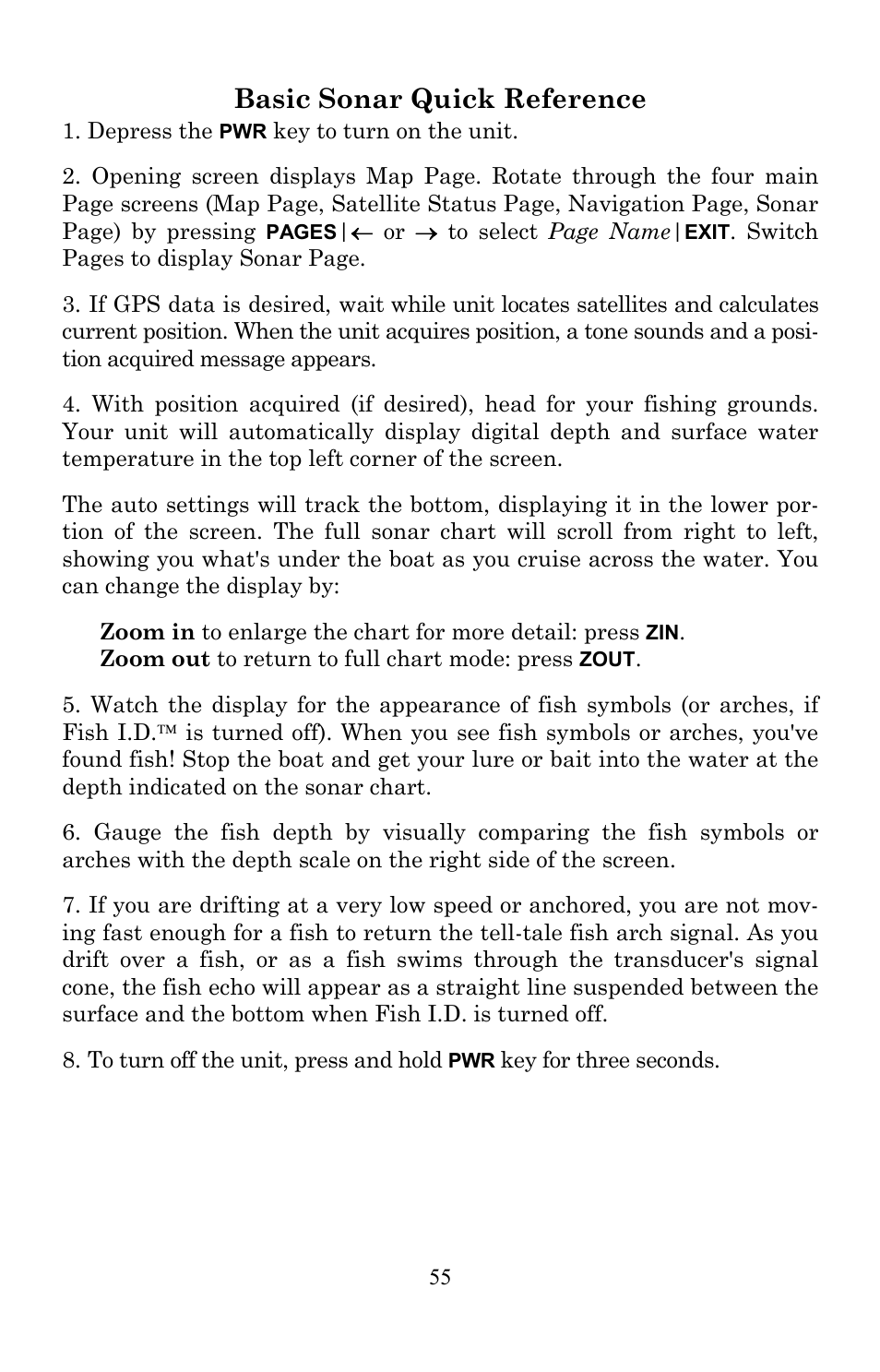 Basic sonar quick reference | Lowrance electronic Lowrance Fish-finding Sonar & Mapping GPS LMS-520C User Manual | Page 65 / 252