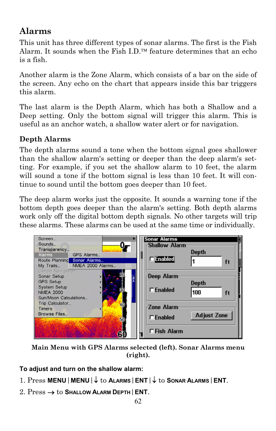 Alarms | Lowrance electronic Lowrance Fish-finding Sonar & Mapping GPS LMS-520C User Manual | Page 72 / 252