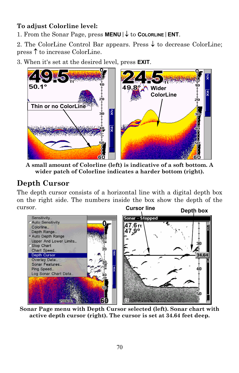 Depth cursor | Lowrance electronic Lowrance Fish-finding Sonar & Mapping GPS LMS-520C User Manual | Page 80 / 252