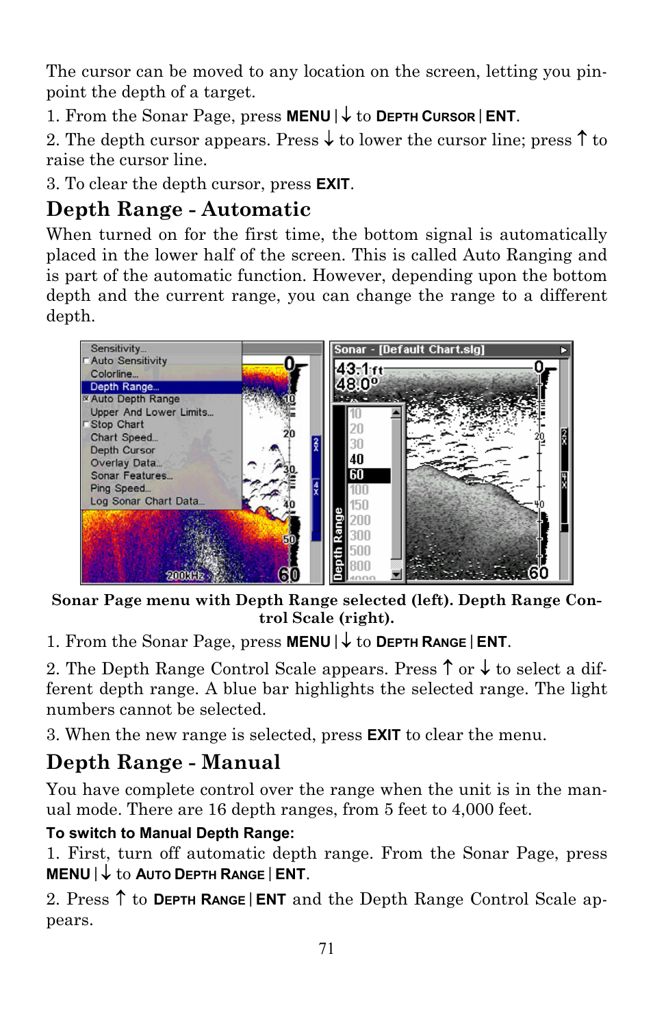 Depth range - automatic, Depth range - manual | Lowrance electronic Lowrance Fish-finding Sonar & Mapping GPS LMS-520C User Manual | Page 81 / 252