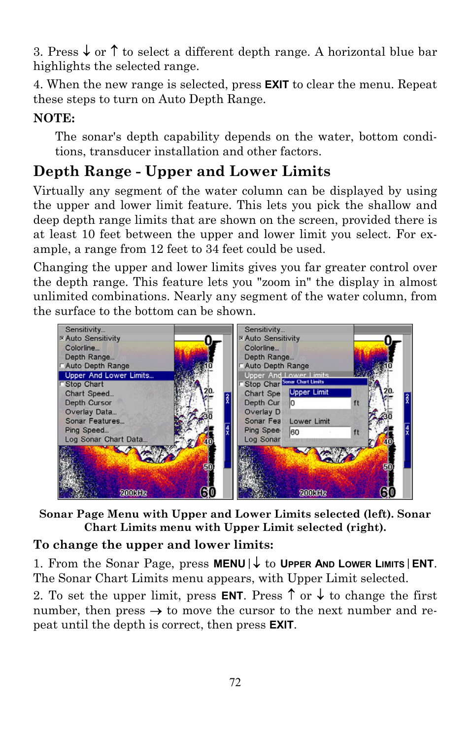 Depth range - upper and lower limits | Lowrance electronic Lowrance Fish-finding Sonar & Mapping GPS LMS-520C User Manual | Page 82 / 252