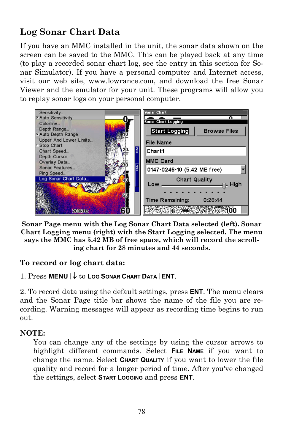 Log sonar chart data | Lowrance electronic Lowrance Fish-finding Sonar & Mapping GPS LMS-520C User Manual | Page 88 / 252