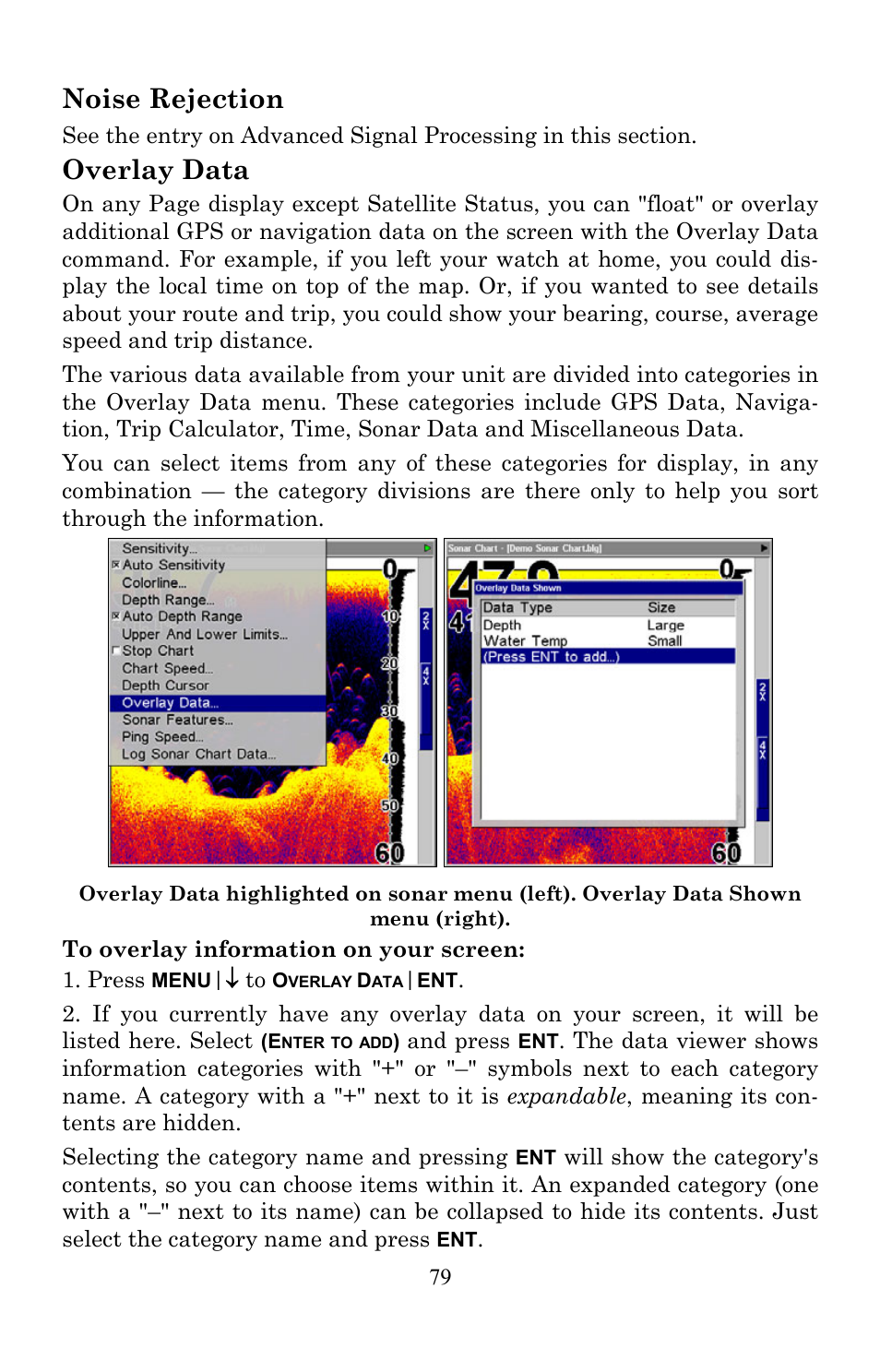 Noise rejection, Overlay data | Lowrance electronic Lowrance Fish-finding Sonar & Mapping GPS LMS-520C User Manual | Page 89 / 252