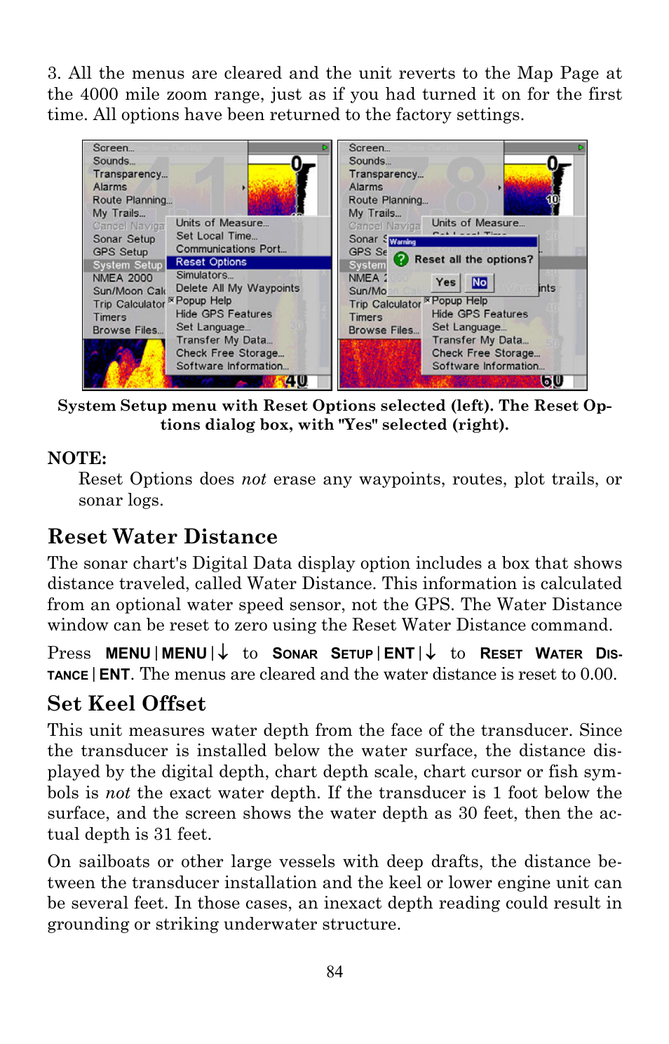 Reset water distance, Set keel offset | Lowrance electronic Lowrance Fish-finding Sonar & Mapping GPS LMS-520C User Manual | Page 94 / 252