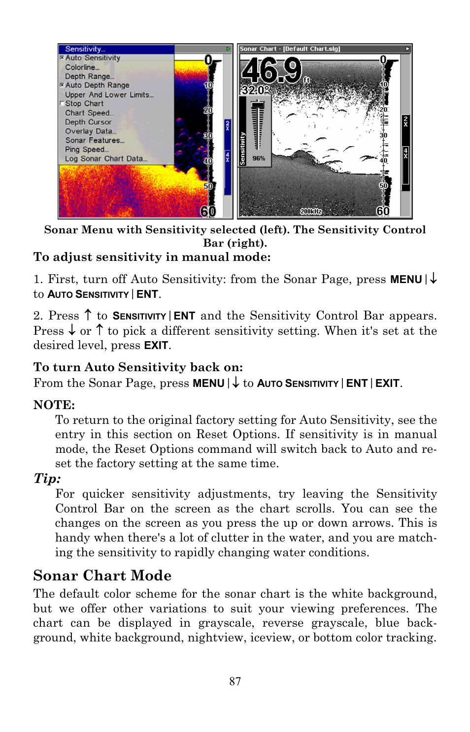 Sonar chart mode | Lowrance electronic Lowrance Fish-finding Sonar & Mapping GPS LMS-520C User Manual | Page 97 / 252