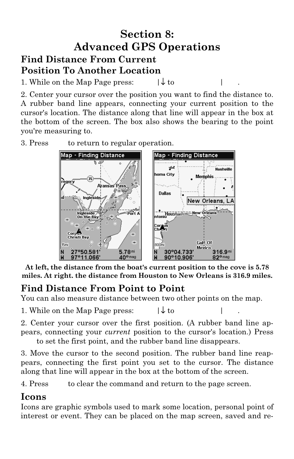Find distance from point to point, Icons | Lowrance electronic M68C IceMachine User Manual | Page 115 / 176