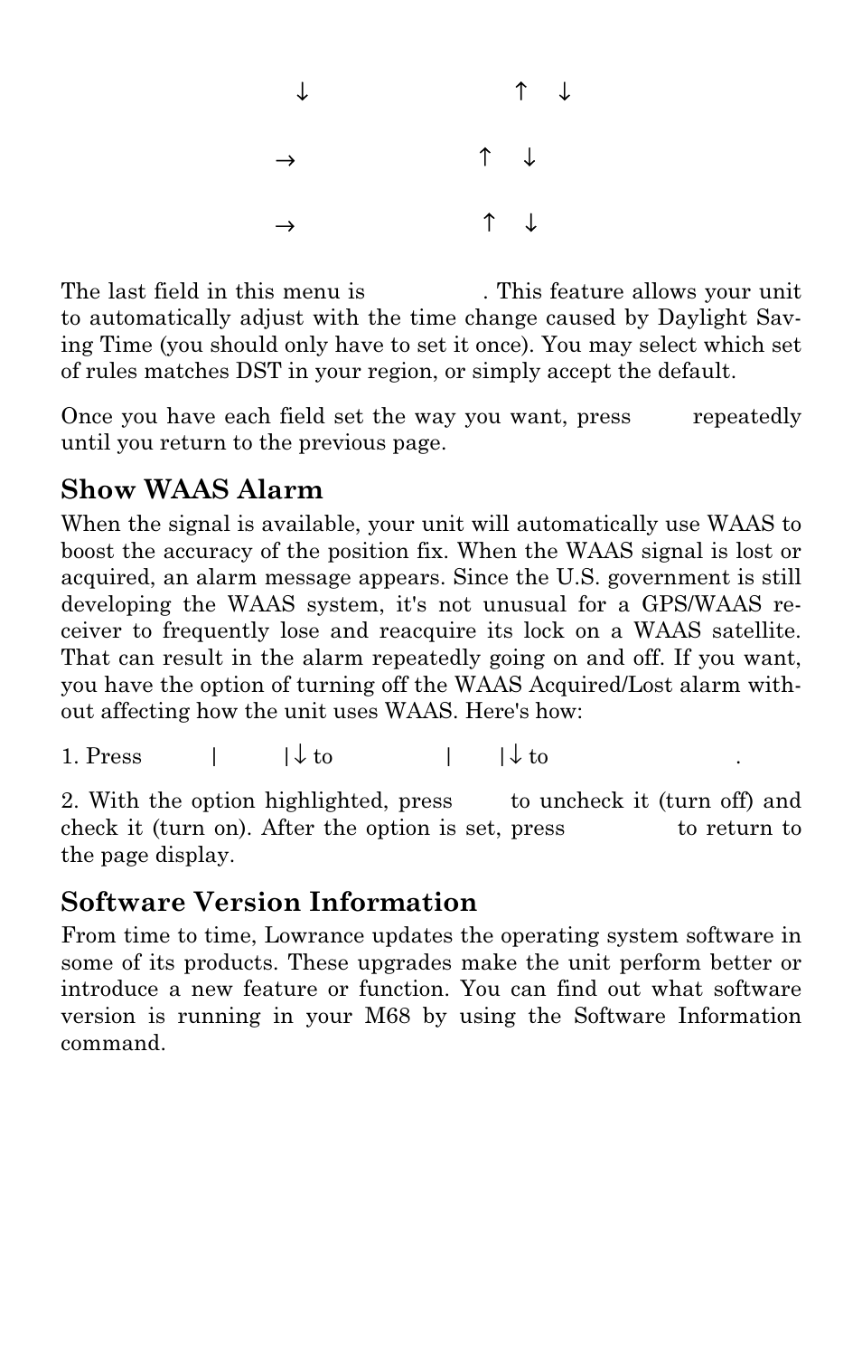 Show waas alarm, Software version information | Lowrance electronic M68C IceMachine User Manual | Page 144 / 176