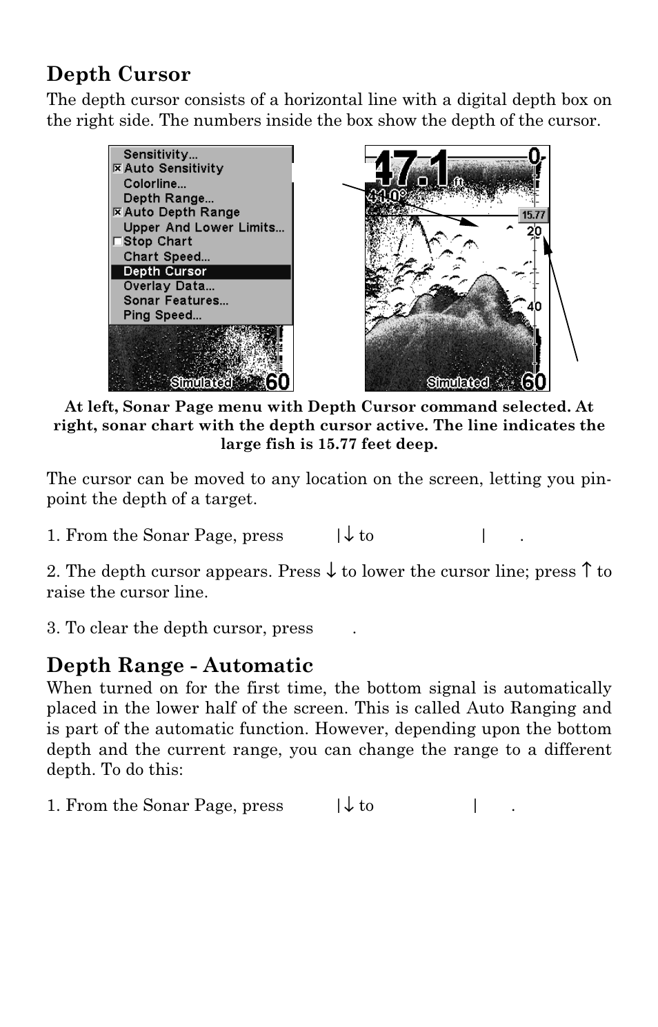Depth cursor, Depth range - automatic | Lowrance electronic M68C IceMachine User Manual | Page 57 / 176