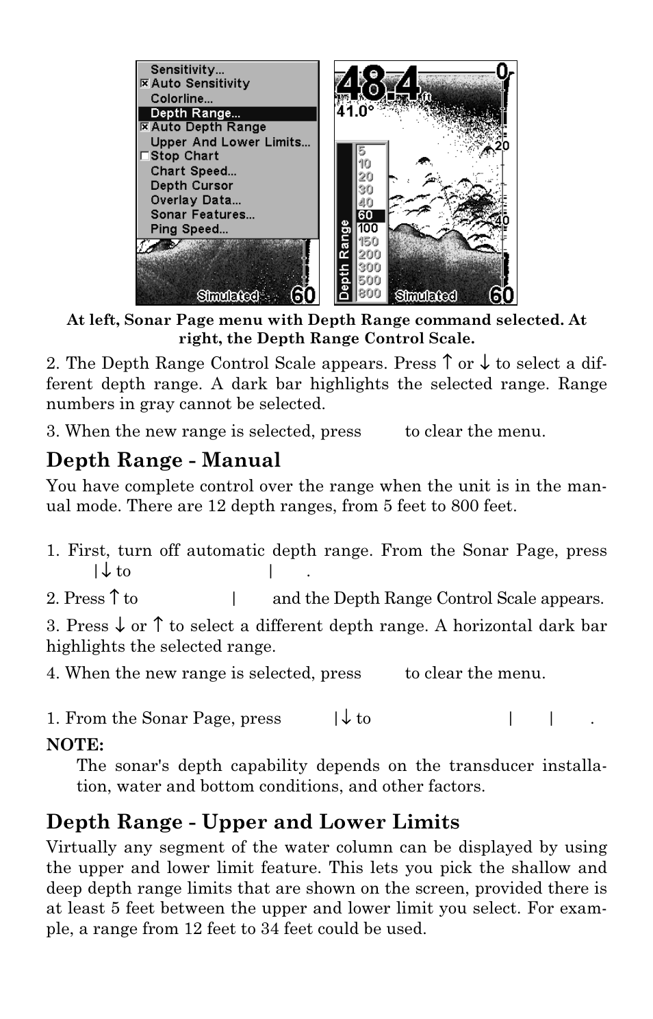 Depth range - manual, Depth range - upper and lower limits | Lowrance electronic M68C IceMachine User Manual | Page 58 / 176