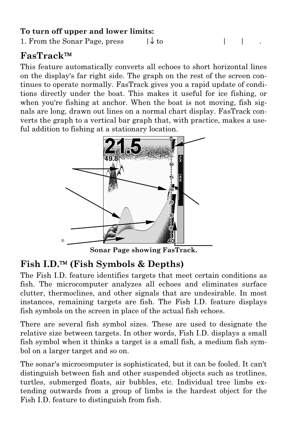 Fastrack, Fish i.d.  (fish symbols & depths) | Lowrance electronic M68C IceMachine User Manual | Page 60 / 176