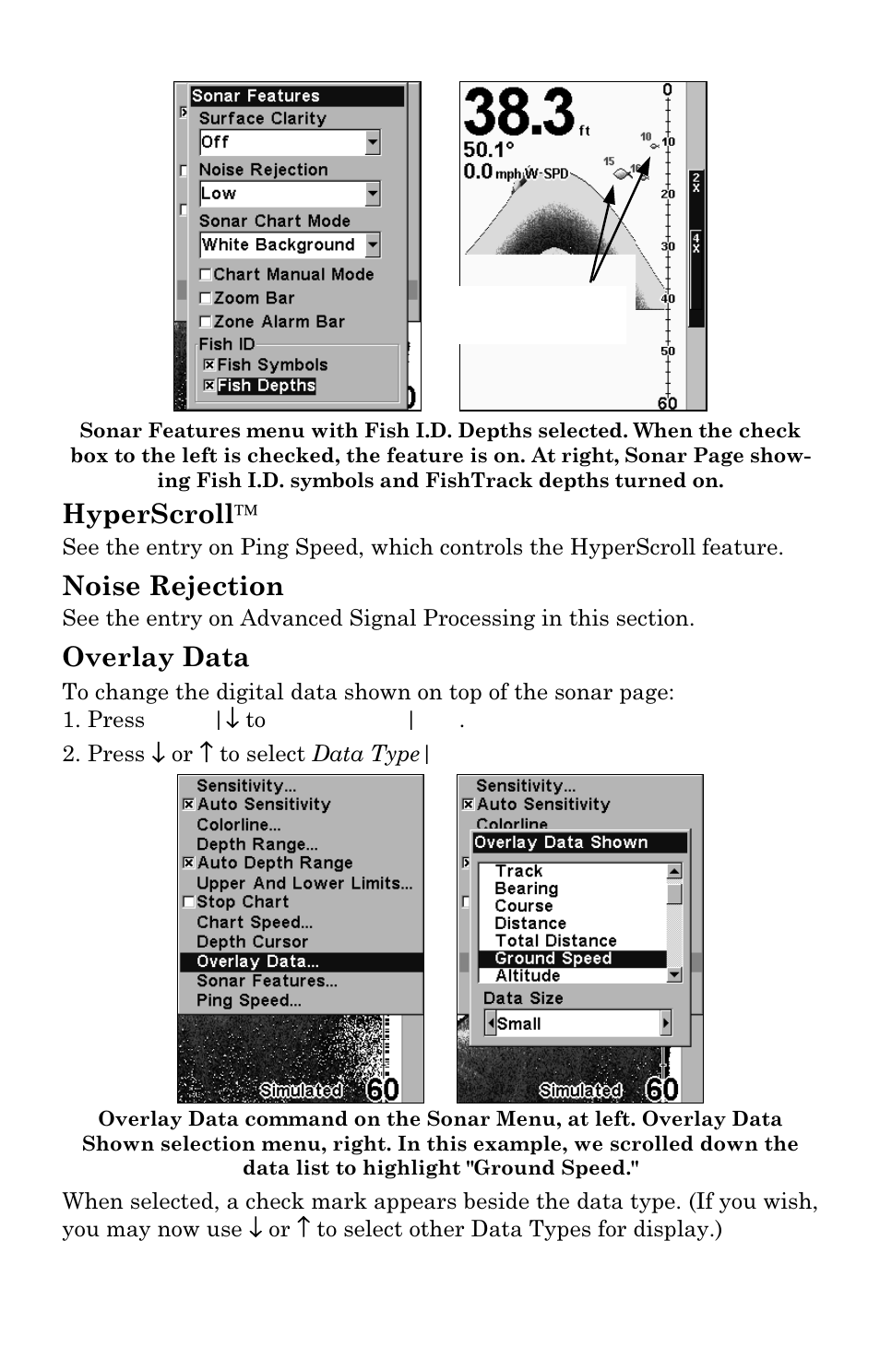 Hyperscroll, Noise rejection, Overlay data | Lowrance electronic M68C IceMachine User Manual | Page 62 / 176