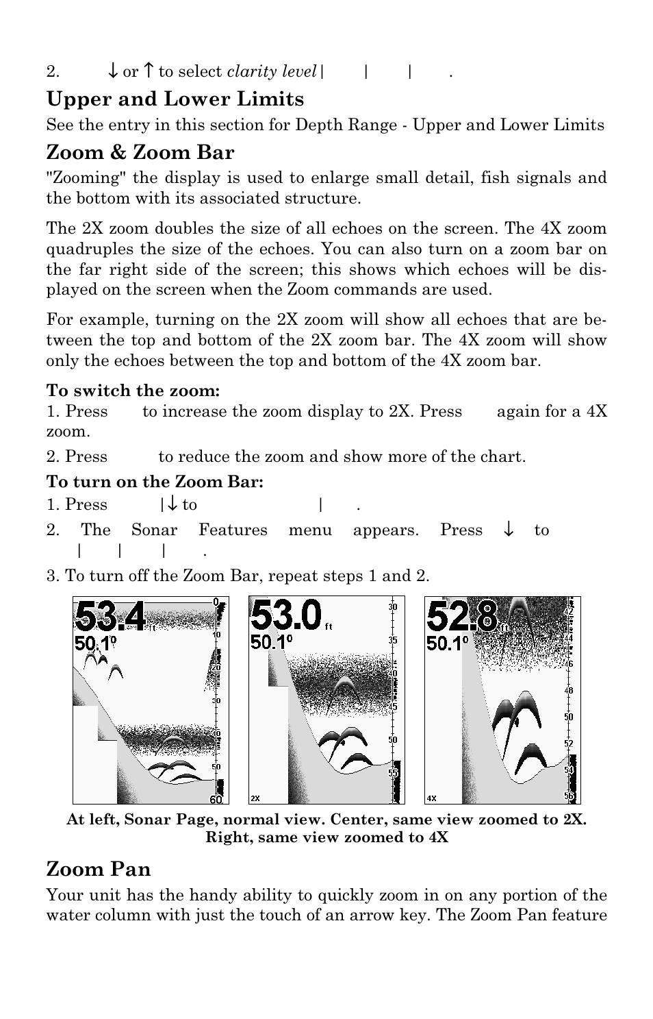 Upper and lower limits, Zoom & zoom bar, Zoom pan | Lowrance electronic M68C IceMachine User Manual | Page 73 / 176