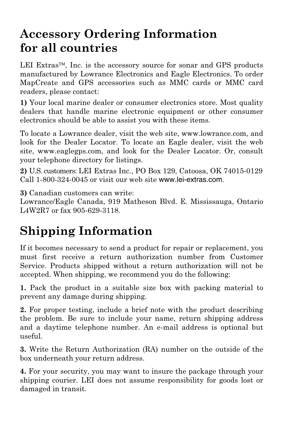 Accessory ordering information for all countries, Shipping information | Lowrance electronic 6 User Manual | Page 107 / 108