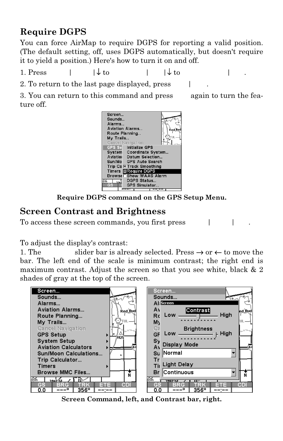 Require dgps, Screen contrast and brightness | Lowrance electronic AirMap 1000 User Manual | Page 104 / 148